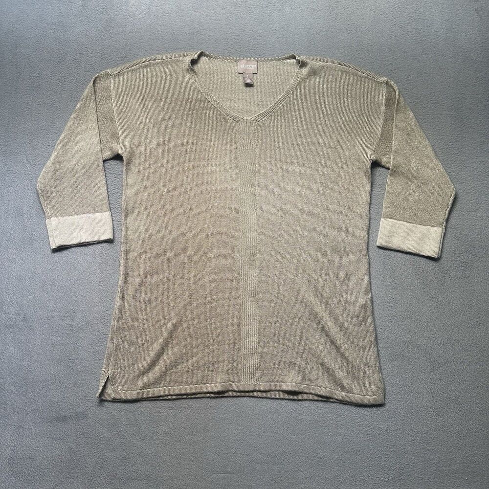 Chicos Womens Sweater 1 US M Beige V Neck 3/4 Sleeve Lightweight Pullover